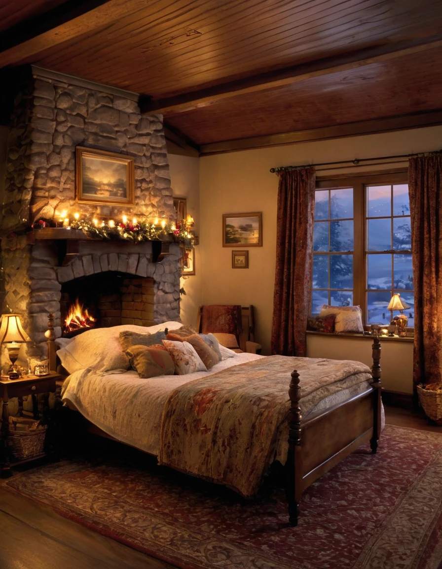 arafed bedroom with a fireplace and a bed with a blanket, thomas kinkade. cute cozy room, cozy and calm, cozy setting, very cozy, cozy wallpaper, cozy room, cozy place, cozy and peaceful atmosphere, cosy enchanted scene, cozy candlelight, cozy environment, cozy bed, soothing and cozy landscape, cozy atmosphere, cosy fireplace