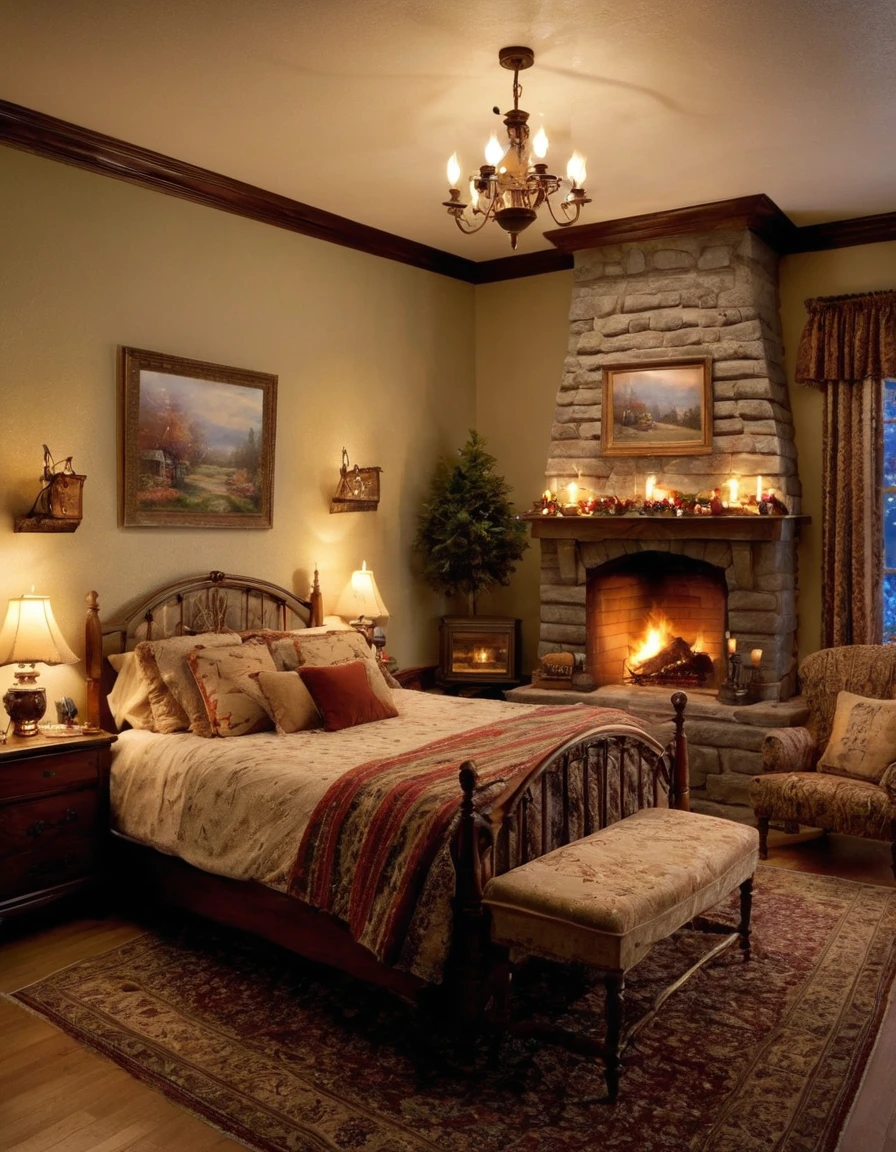 arafed bedroom with a fireplace and a bed with a blanket, thomas kinkade. cute cozy room, cozy and calm, cozy setting, very cozy, cozy wallpaper, cozy room, cozy place, cozy and peaceful atmosphere, cosy enchanted scene, cozy candlelight, cozy environment, cozy bed, soothing and cozy landscape, cozy atmosphere, cosy fireplace