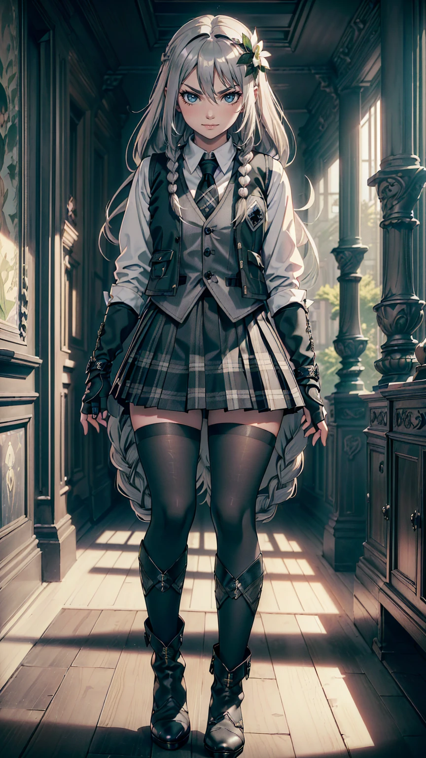 最high quality、Ultra High Definition, Ultra High Quality, Hyper Definition, Hyper Quality, Hyper Detailed, Extremely Detailed, Perfectly Detailed, Best image quality、masterpiece、woman((20-year-old, super dynamic pose , legs bent at the knees, Green glowing eyes, Silver long Hair with a small braids、Disheveled Hair、Long White Hair、Thin,Fingerless Glove、Black School Vest, Shirt, Grey Plaid Skirt, Black Tights, Ankle Boots On Heels, Smirk、 Hair White Flower Barrette, Dressed in school)),high quality、Beautiful art、background((Inside the mansion))、Written boundary depth、movie、Visual Arts、Perfect art、8K,Genuine、