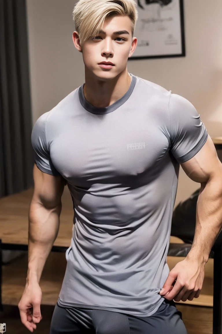 muscle handsome blonde guy 18 yo, wear tight gray soccer shirt, he has big and long dick