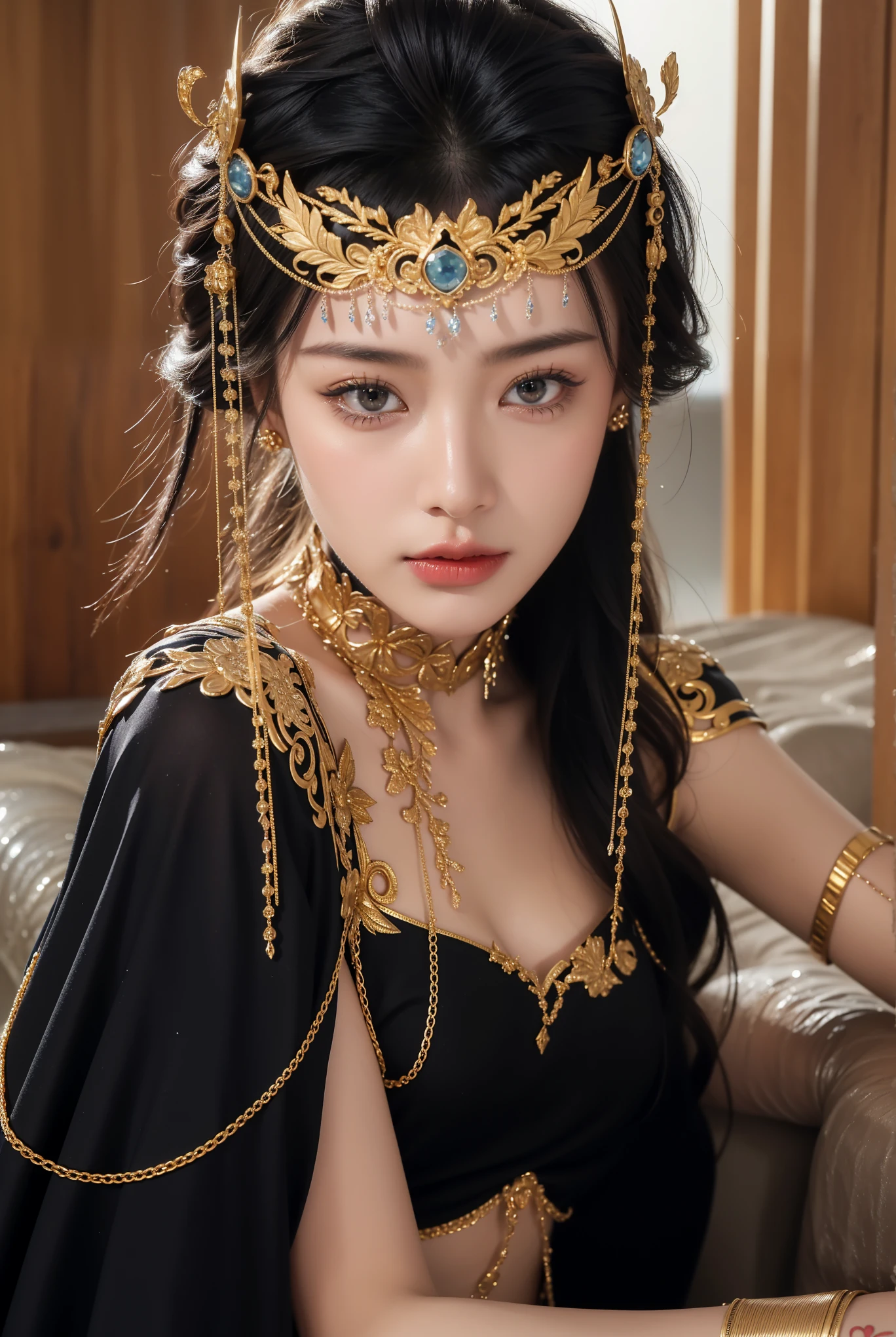 Realistic style,8K picture quality,Very detailed, Delicate face, Realistic style的照片, Stock Photography , rich and colorful, Surreal, Realistic textures, Dramatic Lighting, Distiller 800 (8K, original photo, Better quality, masterpiece: 1.2), Very detailed, (Extremely delicate skin: 1.2), 8K Ultra HD, SLR camera, Soft Light, high quality, 冰冻Queen, Queen, snow castle,Blue pupils,Apply red lipstick,Very delicate tattoo design,Gold Jewelry,There are tattoos on the arms