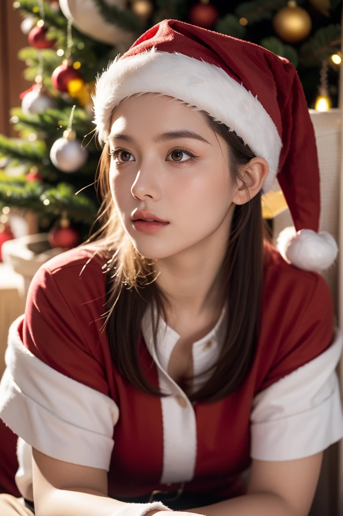 Ultra-realistic capture, Highly detailed, High resolution 16k close-up of human skin. Skin texture must be natural, With such detail that pores can be finely identified, Skin should look healthy, In a uniform tone. Use natural light and color, photo realistic, Full Body Shot, full body, Santa Claus, Christmas tree, Glowing Holiday Delights