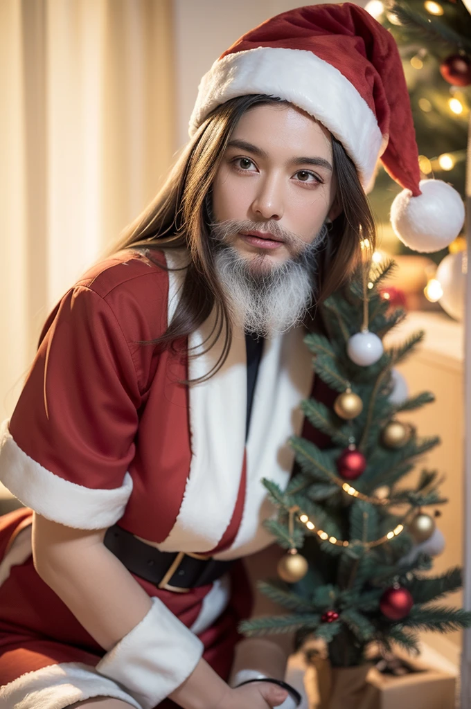 Ultra-realistic capture, Highly detailed, High resolution 16k close-up of human skin. Skin texture must be natural, With such detail that pores can be finely identified, Skin should look healthy, In a uniform tone. Use natural light and color, photo realistic, Full Body Shot, full body, Santa Claus, Christmas tree, Glowing Holiday Delights