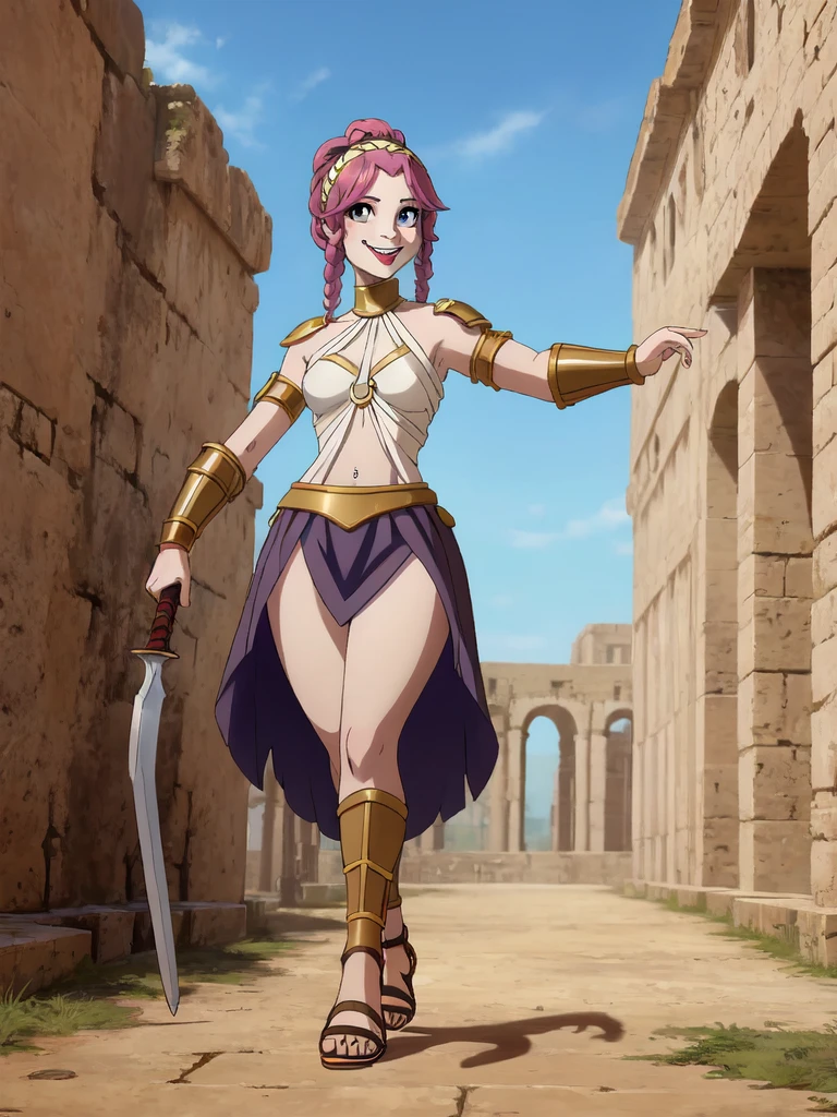 1girl, lizard_girl, smile, solo, wearing roman armor, gladiator flat sandals, gladiator skirt, humanoid feet, holding sword, nose ring, septum piercing ring