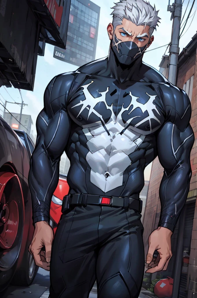 young muscular male, masterpiece, intricate details, upper body, best quality, eye focus, silver hair, manly, stubble, venom, symbiote,(emiya_shiro:1.2),dark skin, 1boy, (symbiote full bodysuit:1.1), eye focus, face, detailed eyes, symbiote skin tight, blue eyes, full body,