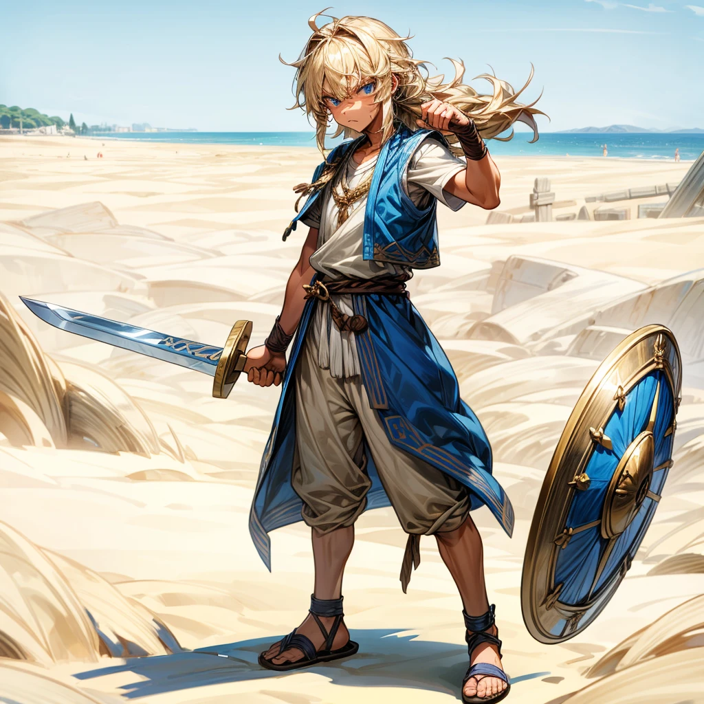1boys, Full body version, 1character, blue eyes, Tan skin, long Shaggy hairstyle, blonde colour hair, angry expression, ancient Greek clothing, blue colour clothing, ancient Greek sandals, wood sword in hand, small shield wood in hand, wood armor vest, Grassroots background in beach 