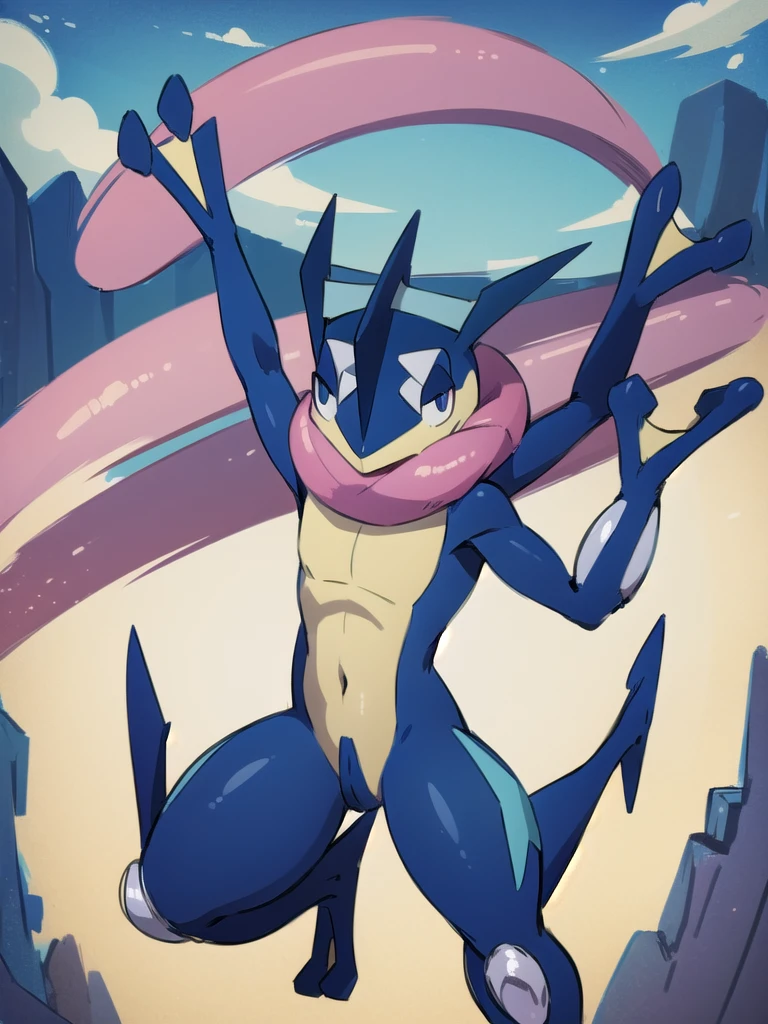 (masterpiece, best quality:1.2),solo,greninja \(pokemon\),pokemon \(creature\),full body,no humans,outstretched arms, long tongue, blue skin,looking at viewer,blue sky