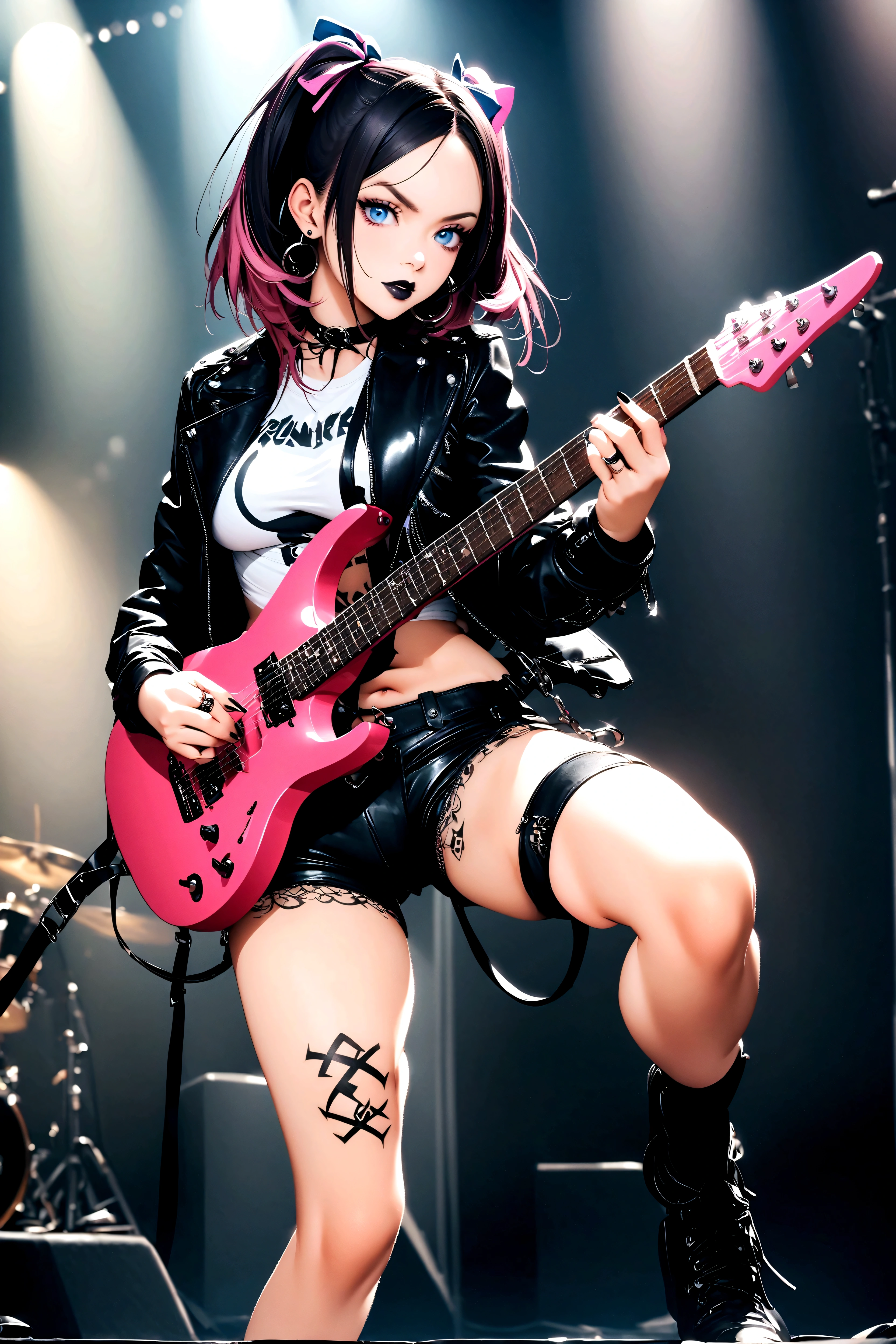 realisitic:1.2, Rocker girl wearing a leather jacket,slim body shape、Normal bust size、 highly realisitic photograph,  full body shot shot, １2 electric guitars, clothes with spikes,white top、Navel exposure、Low-rise leather shorts,tatoo,dark lipstick earrings, blue colored eyes,twintail pink hair,black ribbon, beautiful and perfect legs, confident looking, punk style ,dynamic pose, dynamic lighting, colorful stage,colorful stage lights,
