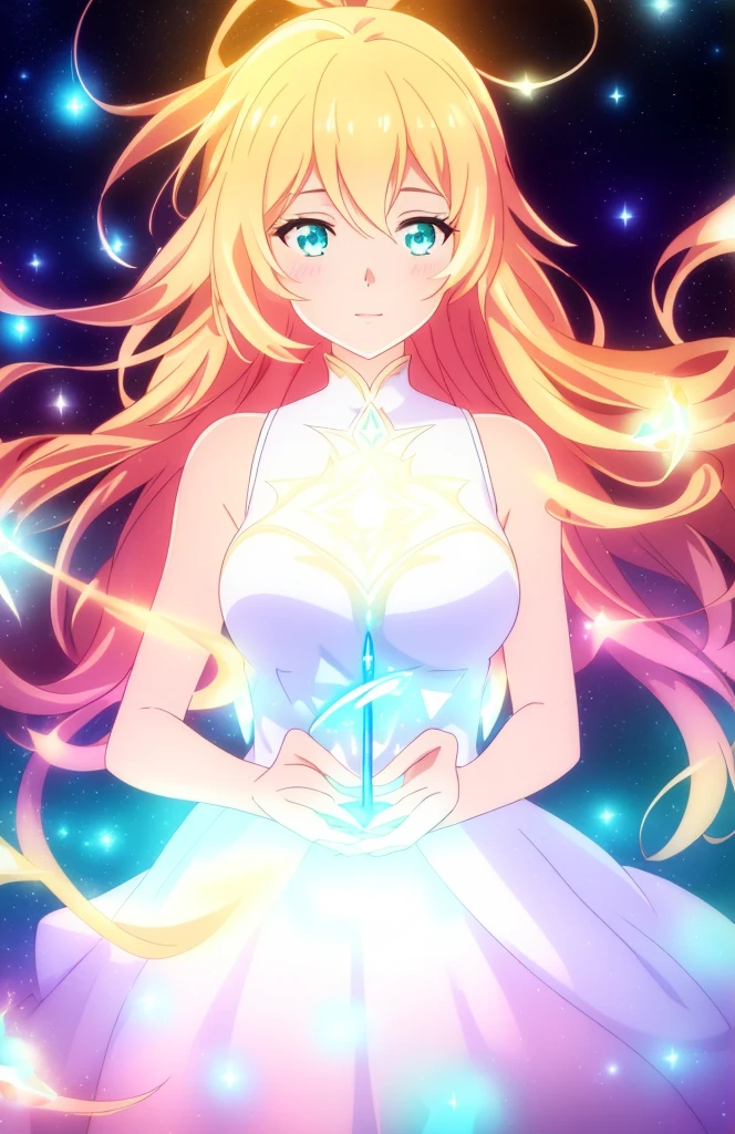 beautiful girl, puffy tiered ballgown, vibrant pastel colors,20s,madure female,angry,closed mouth,white dress,cleavage,sleeveless,((glowing blonde long hair)), magical lights, sparkling magical liquid, inspired by Glen Keane, inspired by Lois van Baarle, disney art style, by Lois van Baarle, glowing aura around her, by Glen Keane, jen bartel, glowing lights! digital painting, flowing glowing hair, glowing flowing hair, beautiful digital illustration, fantasia background, whimsical, magical, fantasy, ((beautiful face)), ((masterpiece, best quality)), intricate details, highly detailed, sharp focus, 8k resolution, sparkling detailed eyes, liquid watercolor,(extra arms,four arms)