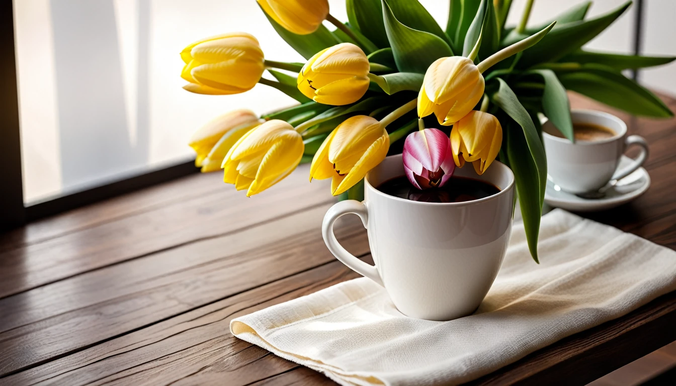 overlooking angle.Best still life composition(best quality,4K,8K,High resolution,masterpiece:1.2),Super detailed,Flat bouquet of bright pastel pink, yellow and white tulips from above(Lying flat on dark wood grain table.From top to left.Make space on your desk)..(Practical,photoPractical,photo-Practical:1.37),latté.Artist coffee impression.Next to it is a transparent white gauze with clear texture,Place it randomly aside...Sophisticated and elegant.Modern style cafe bokeh background.Super detailed.(Super quality,Super detailed,Ultra-complex,Extremely complex)Soft and natural light and shadow.Reverse fragrance.no humans.Ultra wide angle, (Detailed texture),Background covered with film grain, natural soft light,(Morning Scene.warm sunshine in the morning)Ray tracing, Vignette, Wide-angle lens, Ultra wide angle, best qualitycinematic lighting, Depth of Field, outer boundary, Negative space, Letterbox header image