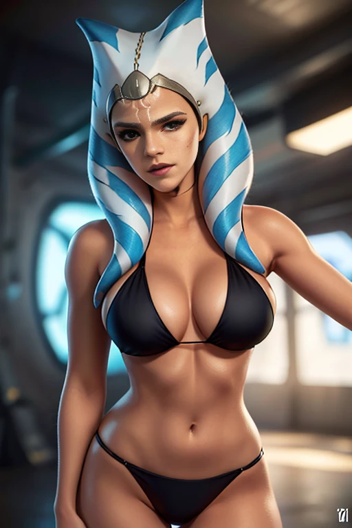 Emma Watson, Ahsoka Tano in a black bikini with big breasts, cutesexybutts, Symmetra from Overwatch, Samira from League of Legends, extremely detailed art germ, Сенна из League of Legends, inspired by rossdrives, Vlop and Rossdro, In the style of Artgerm, as can be seen on artgerme, headlight from overwatch