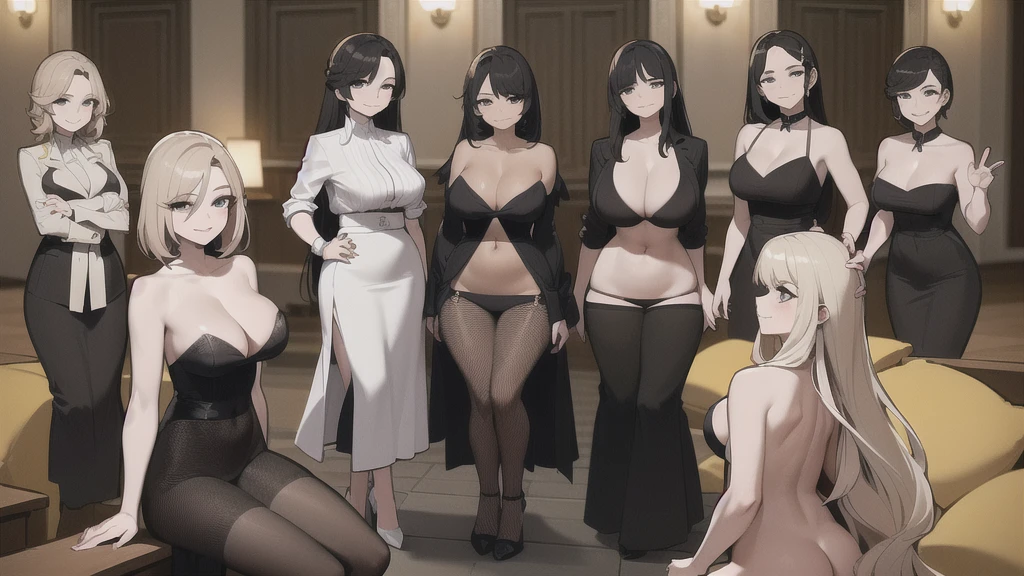 seven y women who are wives of 4 yy, looking at camera, seductive smiles, portrait, various hair