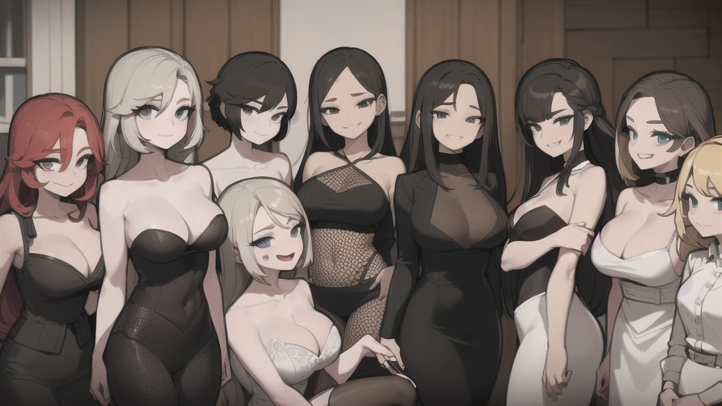 seven sexy women who are wives of s old boy, looking at camera, seductive smiles, portrait, various hair