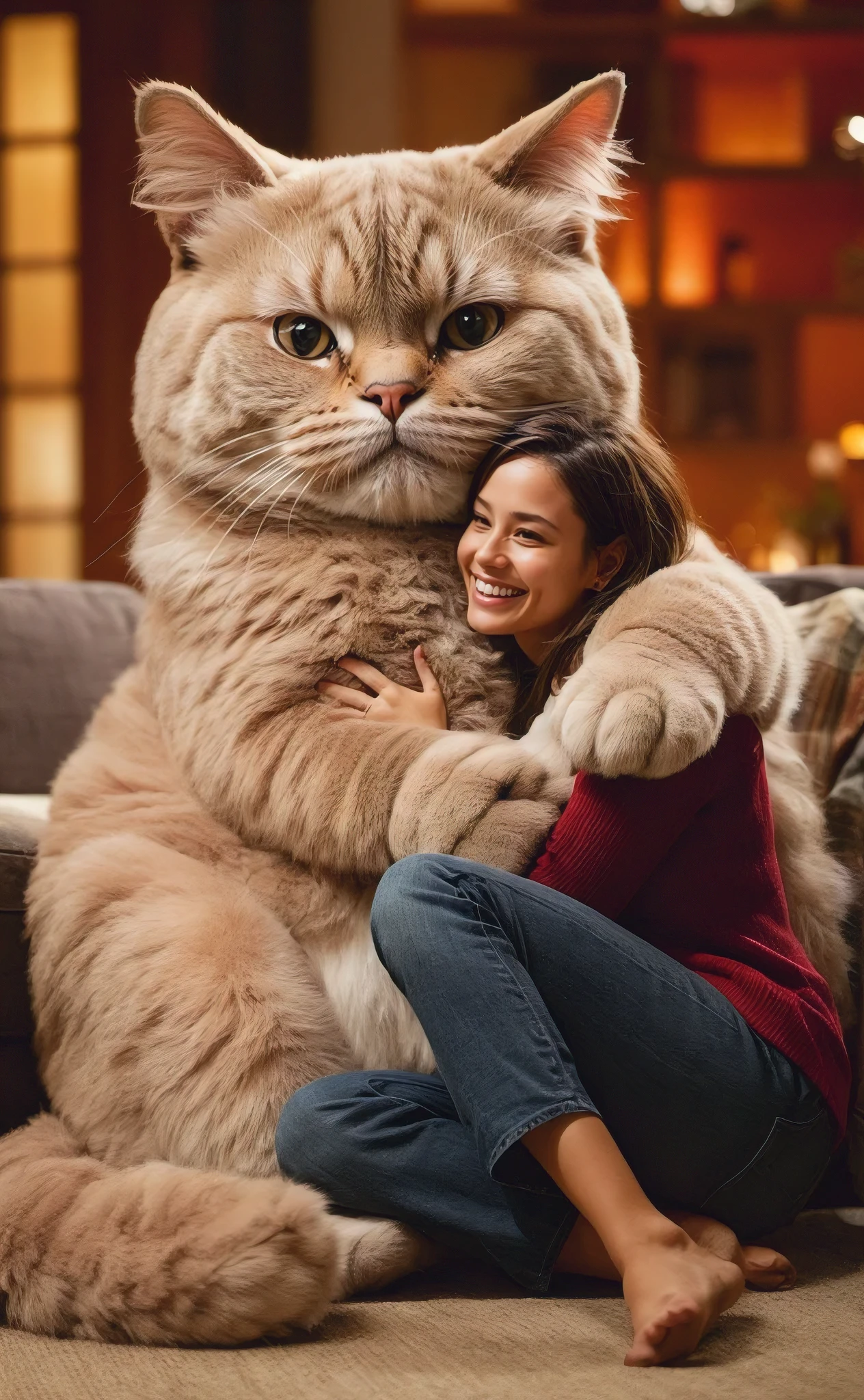 A whimsical surrealist 3D render of a massive orange cat with long, luscious hair, perched on the rooftop of an ancient, intricately designed building. The cat gazes lovingly at a stunning young woman dressed in an exquisite gown, adorned with magnolia flower motifs. The woman, with a radiant smile, gently holds the cat by its front paws, while the red wall behind them is adorned with delicate magnolia flowers. The overall scene exudes a dreamy, magical atmosphere, reminiscent of an anime-inspired fantasy., 3d render, anime