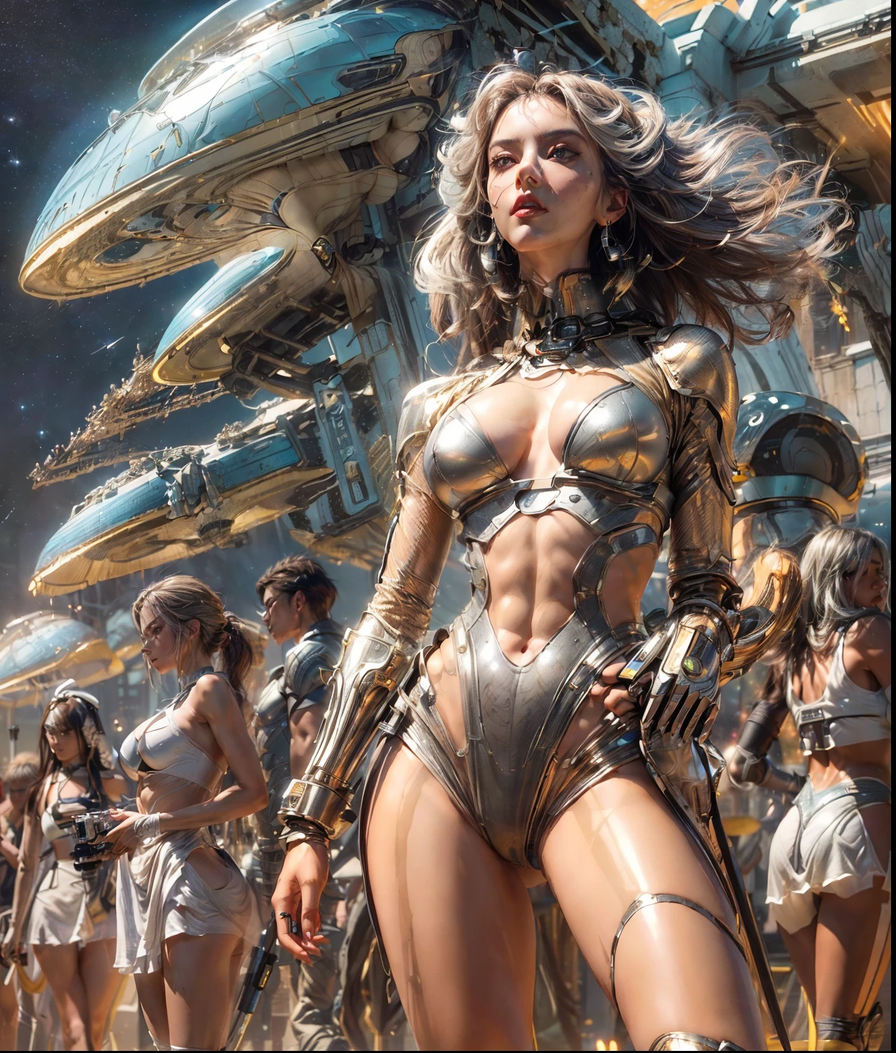 (((Camera angle of her butt, crowd of space aliens))), ((wearing ultra thin translucent bikini with gorgeous muscular long legs)), ((deep brown beige white silver black Samurai aesthetics)), prismatic, reflective, ((ultra perfect flowing hairstyle)), (((huge natural breasts, tan lines))), ((perfect radiant skin color)), ((super colourful)), ((sunny day beautiful skies)), (detailed spaceship background and incredibly sci-fi retro art masterpiece), (((1:1 scale proportions))), ((science fiction)), ((chrome spaceships)), (((ultra photorealistic realism))), ((Smooth curves, clean lines, streamlined, functional aesthetics, reflective surfaces, integrated lighting, futuristic city, engraved ancient motifs)), ((acrylic plastic robot, bokeh lighting, rim lighting, shadows))