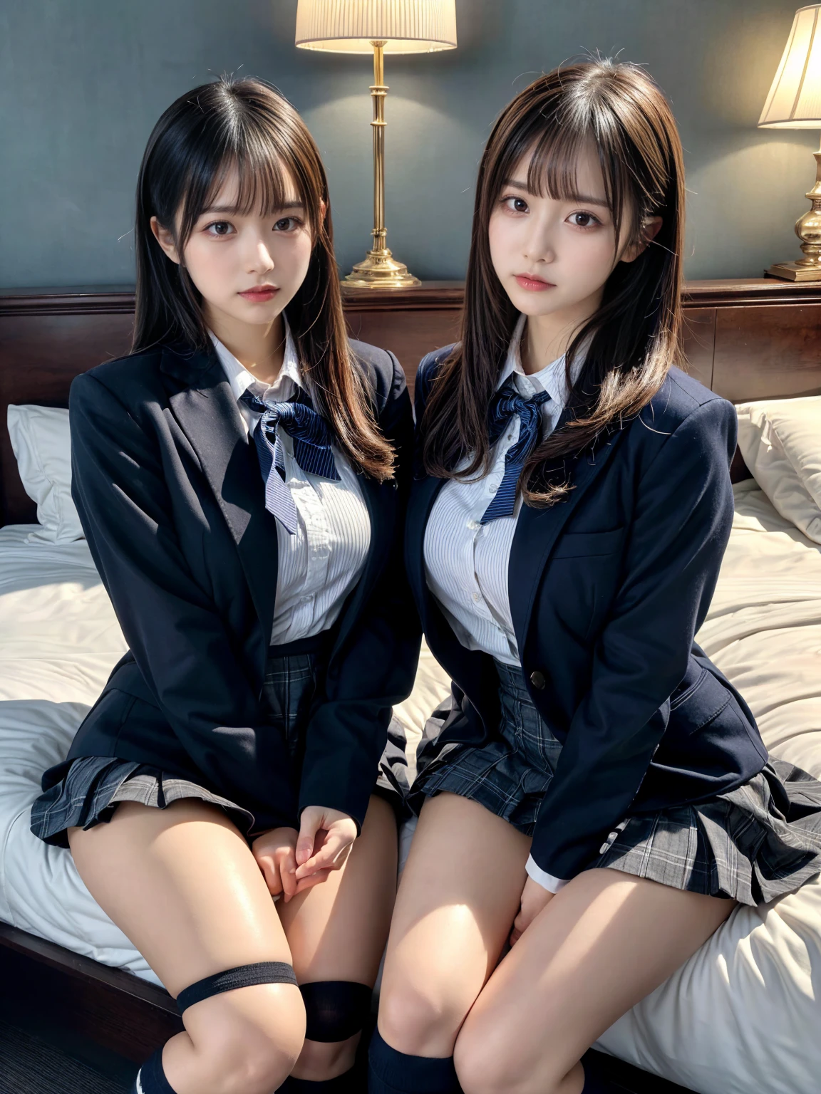 (8K, RAW Photos, Highest quality, masterpiece:1.2), masterpiece, super detailed, super high quality, (Realistic and photorealistic photography:1. 37), High-resolution RAW color photos, Very delicate and beautiful, highly detailed, 8k wallpaper, wonderful, detailed, Very eye, very detailed, very detailed skin, very thin fingers, very detailed nose, very detailed mouth, Perfect Anatomy, BREAK, (2 girls, japanesgirls:1.2), Colossal tits, short bob hair, black hair color, huge breasts, very huge round breasts, Beautiful makeup, glitter makeup, Big Natural Color Lip, perfect body shape, crying a little, beautiful legs, beautiful legs, Voluptuous thighs, BREAK, High school girl uniform, blazer, Super Short Check Uniform Skirt, Navy blue high socks, BREAK, The background is a luxury hotel room