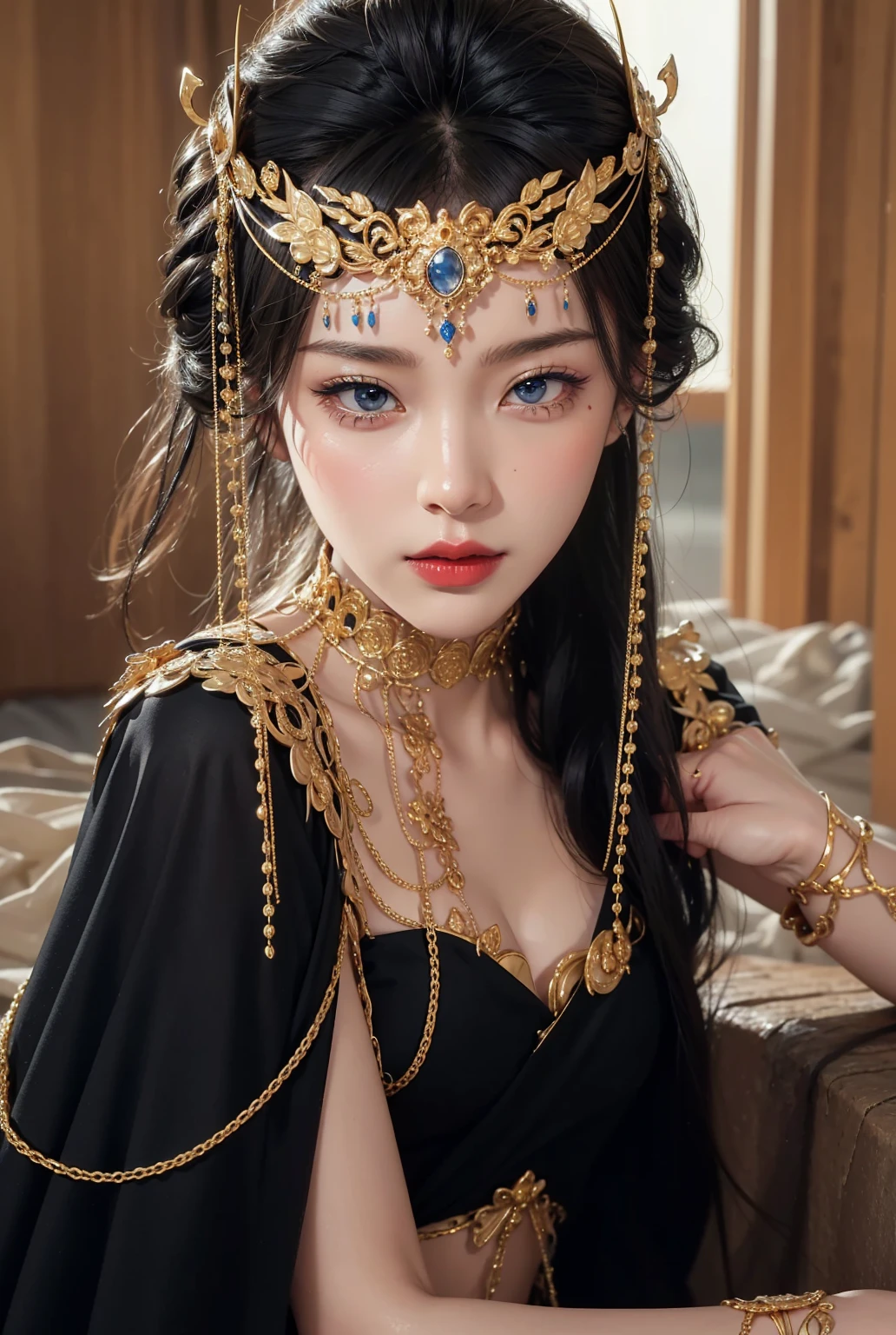 Realistic style,8K picture quality,Very detailed, Delicate face, Realistic style的照片, Stock Photography , rich and colorful, Surreal, Realistic textures, Dramatic Lighting, Distiller 800 (8K, original photo, Better quality, masterpiece: 1.2), Very detailed, (Extremely delicate skin: 1.2), 8K Ultra HD, SLR camera, Soft Light, high quality, 冰冻Queen, Queen, snow castle,Blue pupils,Apply red lipstick,Very delicate tattoo design,Gold Jewelry,There are tattoos on the arms