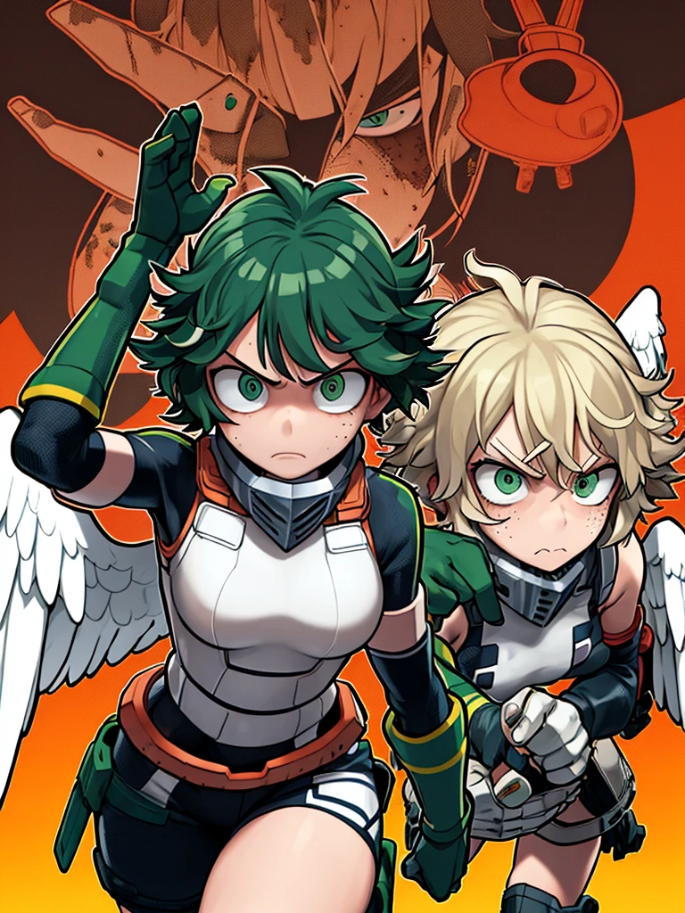 horikoshi kouhei, girl, boku no hero academia, curly hair, dirty, dirty face, elbow gloves, eyebrows, freckles, furrowed brow, gloves, green eyes, blonde hair, looking at viewer, mask, mouth mask, official art, pale skin, serious, short hair, white wings, angelic expression 