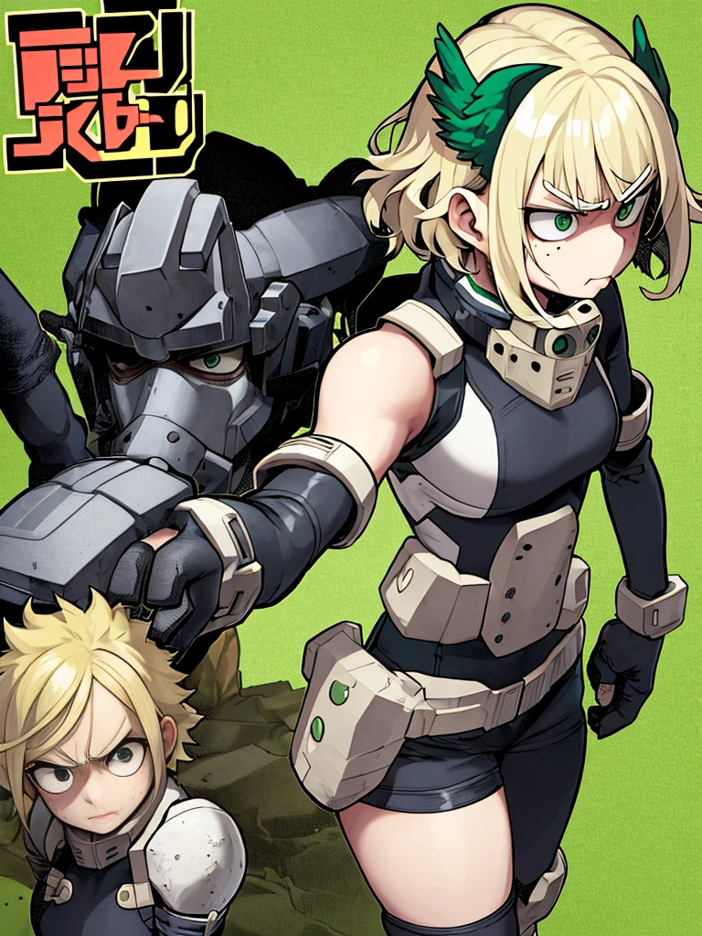 horikoshi kouhei, girl, boku no hero academia, curly hair, dirty, dirty face, elbow gloves, eyebrows, freckles, furrowed brow, gloves, green eyes, blonde hair, looking at viewer, mask, mouth mask, official art, pale skin, serious, short hair, white wings, angelic expression