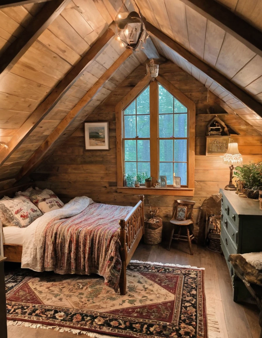 bedroom with a bed and a rug in a small room, cozy room, cozy treehouse bedroom, small bedroom, cozy place, cozy bed, cottagecore hippie, thomas kinkade. cute cozy room, in an attic, cottagecore, cozy and peaceful atmosphere, pleasant cozy atmosphere, cottagecore!!, cabin in the woods