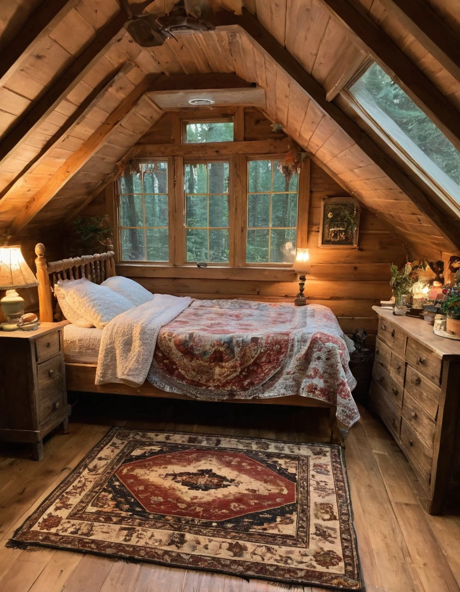 bedroom with a bed and a rug in a small room, cozy room, cozy treehouse bedroom, small bedroom, cozy place, cozy bed, cottagecore hippie, thomas kinkade. cute cozy room, in an attic, cottagecore, cozy and peaceful atmosphere, pleasant cozy atmosphere, cottagecore!!, cabin in the woods