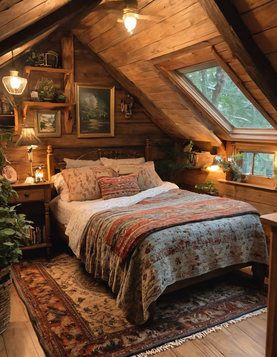 bedroom with a bed and a rug in a small room, cozy room, cozy treehouse bedroom, small bedroom, cozy place, cozy bed, cottagecore hippie, thomas kinkade. cute cozy room, in an attic, cottagecore, cozy and peaceful atmosphere, pleasant cozy atmosphere, cottagecore!!, cabin in the woods