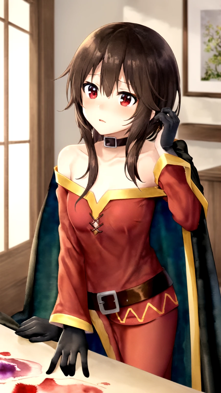 bunbun masterpiece, Highest quality, Megumin,reproductive behavior, Mating Girls２name, nakedの肩, black Cape, Black gloves, Black Hair, Cape, choker, clavicle, dress, Hair between the eyes, have, Long sleeve, Watching the audience, Medium Hair, off-shoulder dress, Off the shoulder, red dress, Red eyes, Side Lock, , Indoors,(masterpiece), delicate, Very detailed, (watercolor), bloom, shape, (Bottom-up), (***1name:1.4), (tying one&#39;s feet with rope:1.8), (Beautiful Eyes, Shining Eyes, Purple Eyes), (Fluffy hair), photo shoot, Studio Quality, Fisheye Lens, (Highest quality, Dazzling Light, Blushed, Face of joy, It was fun, Glowing Skin, Very detailed), ( naked 、Thighs,Breast 1.8))((breast:1.8))From below, 黒色panties, 小さいpanties, Show something funny), sexy, (Detailed Background, Complex background, Japanese-style house, Japanese atmosphere), phRem, Blushed, (Perfect Face, Detailed face, Fine grain,Perfect hands,Perfect Fingers), Cowboy Shot, ((8K Wallpaper))((panties:1.8))((Cleavage:1.8))((Thighs:1.8))((Open your legs to the sides:1.8))((To pee:1.8))((:Grabbing nipples with hands 1.8))(Kazum inserts penis:1.8))、、Sex.reproductive behavior