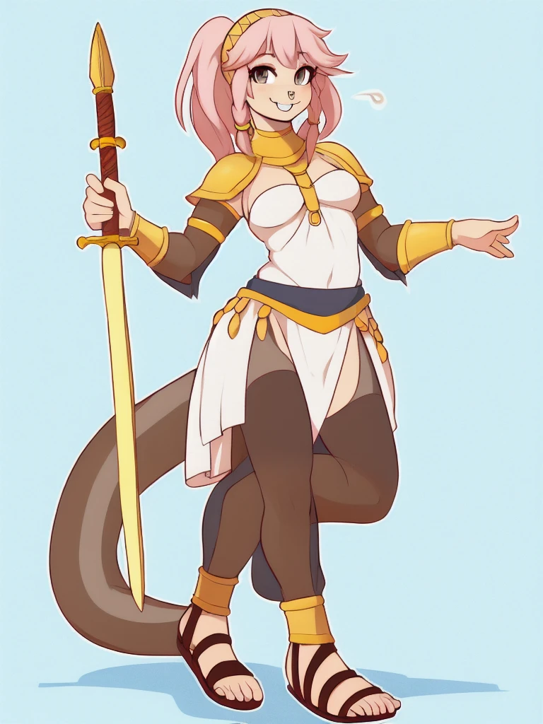 1girl, lizard_girl, smile, solo, wearing roman armor, gladiator flat sandals, gladiator skirt, humanoid feet, holding sword, nose ring, septum piercing ring