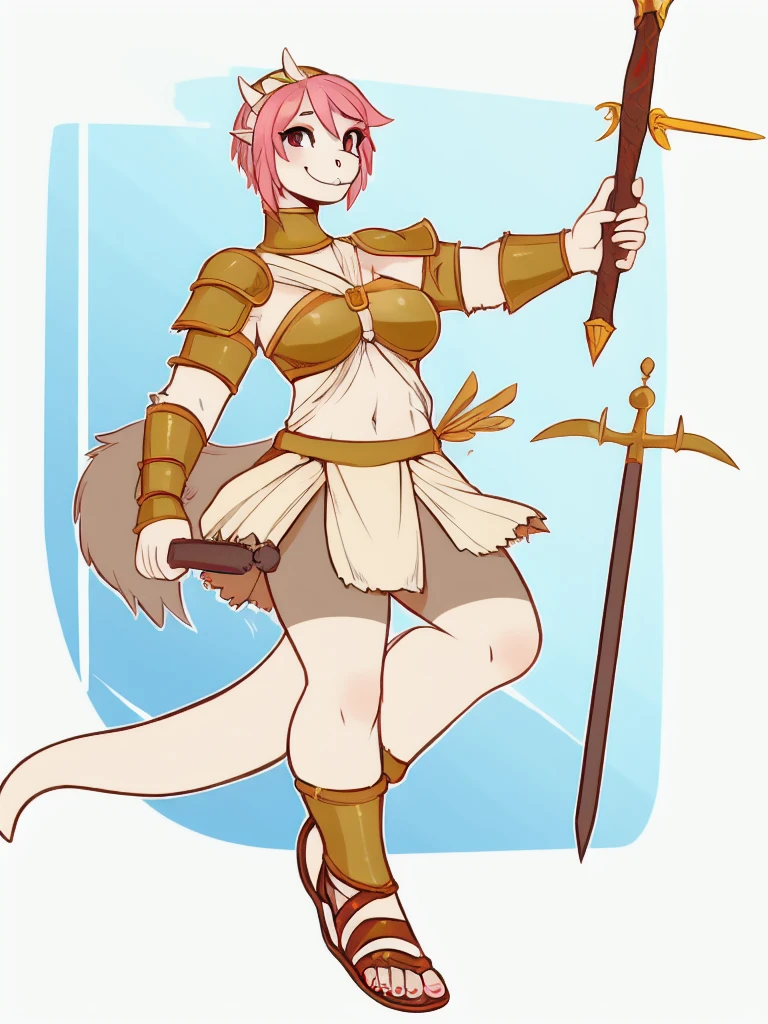 1girl, lizard_girl, smile, solo, wearing roman armor, gladiator flat sandals, gladiator skirt, humanoid feet, holding sword, nose ring, septum piercing ring