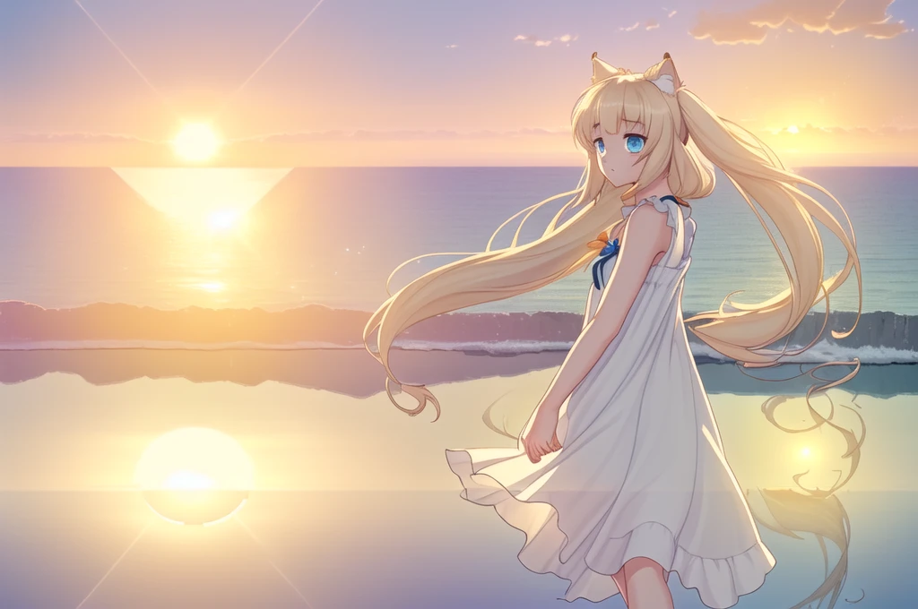 1girl,solo,low twintails, very long hair, cat ears, animal ear fluff, animal ears, goodhand,Perfect hand,
(catgirl_Vanilla:1.3), (white_long_twintails:1.4), (blue_eyes:1.5), (seaside_cliff_setting:1.6), (flowing_sundress:1.7), (gazing_at_horizon:1.8), (ocean_breeze:1.4), (sunset_glow:1.3), (depth_of_field:1.5), (Unreal_Engine_5:1.3), (8k_resolution:1.5), (contemplative_expression:1.6), (beauty_of_natural_landscape:1.3), (reflective_mood:1.2), (trending_on_ArtStation:1.1), (wallpaper_material:1.4), (game_CG_art:1.3), (season_spring:1.2), (weather_calm_evening:1.3), (time_of_day_golden_hour:1.4), (light_direction_from_sunset:1.5), (stylistic_elements_realistic_and_serenity:1.6), (implied_music_gentle_waves:0.5), (mood_peaceful_and_dreamy:1.2), (special_effects_sunlight_reflections:1.7), (physical_effects_hair_and_dress_flowing_with_wind:1.1), (cultural_elements_seaside_reverie:0.9), (props_delicate_flower_in_hand:0.8), (stylistic_features_soft_and_majestic:1.4), (light_intensity_golden_and_mellow:1.3), (color_tone_oranges_and_blues:1.2)