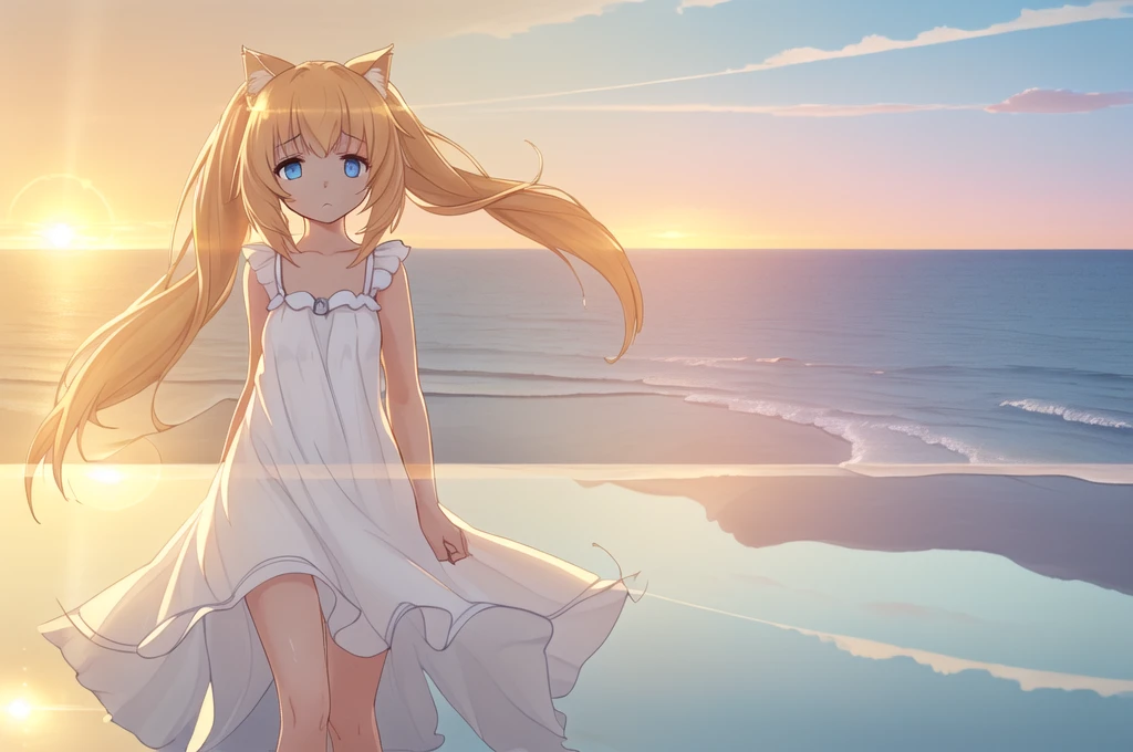 1girl,solo,low twintails, very long hair, cat ears, animal ear fluff, animal ears, goodhand,Perfect hand,
(catgirl_Vanilla:1.3), (white_long_twintails:1.4), (blue_eyes:1.5), (seaside_cliff_setting:1.6), (flowing_sundress:1.7), (gazing_at_horizon:1.8), (ocean_breeze:1.4), (sunset_glow:1.3), (depth_of_field:1.5), (Unreal_Engine_5:1.3), (8k_resolution:1.5), (contemplative_expression:1.6), (beauty_of_natural_landscape:1.3), (reflective_mood:1.2), (trending_on_ArtStation:1.1), (wallpaper_material:1.4), (game_CG_art:1.3), (season_spring:1.2), (weather_calm_evening:1.3), (time_of_day_golden_hour:1.4), (light_direction_from_sunset:1.5), (stylistic_elements_realistic_and_serenity:1.6), (implied_music_gentle_waves:0.5), (mood_peaceful_and_dreamy:1.2), (special_effects_sunlight_reflections:1.7), (physical_effects_hair_and_dress_flowing_with_wind:1.1), (cultural_elements_seaside_reverie:0.9), (props_delicate_flower_in_hand:0.8), (stylistic_features_soft_and_majestic:1.4), (light_intensity_golden_and_mellow:1.3), (color_tone_oranges_and_blues:1.2)