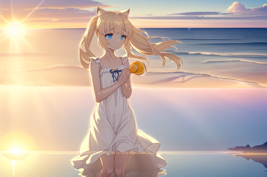 1girl,solo,low twintails, very long hair, cat ears, animal ear fluff, animal ears, goodhand,Perfect hand,
(catgirl_Vanilla:1.3), (white_long_twintails:1.4), (blue_eyes:1.5), (seaside_cliff_setting:1.6), (flowing_sundress:1.7), (gazing_at_horizon:1.8), (ocean_breeze:1.4), (sunset_glow:1.3), (depth_of_field:1.5), (Unreal_Engine_5:1.3), (8k_resolution:1.5), (contemplative_expression:1.6), (beauty_of_natural_landscape:1.3), (reflective_mood:1.2), (trending_on_ArtStation:1.1), (wallpaper_material:1.4), (game_CG_art:1.3), (season_spring:1.2), (weather_calm_evening:1.3), (time_of_day_golden_hour:1.4), (light_direction_from_sunset:1.5), (stylistic_elements_realistic_and_serenity:1.6), (implied_music_gentle_waves:0.5), (mood_peaceful_and_dreamy:1.2), (special_effects_sunlight_reflections:1.7), (physical_effects_hair_and_dress_flowing_with_wind:1.1), (cultural_elements_seaside_reverie:0.9), (props_delicate_flower_in_hand:0.8), (stylistic_features_soft_and_majestic:1.4), (light_intensity_golden_and_mellow:1.3), (color_tone_oranges_and_blues:1.2)