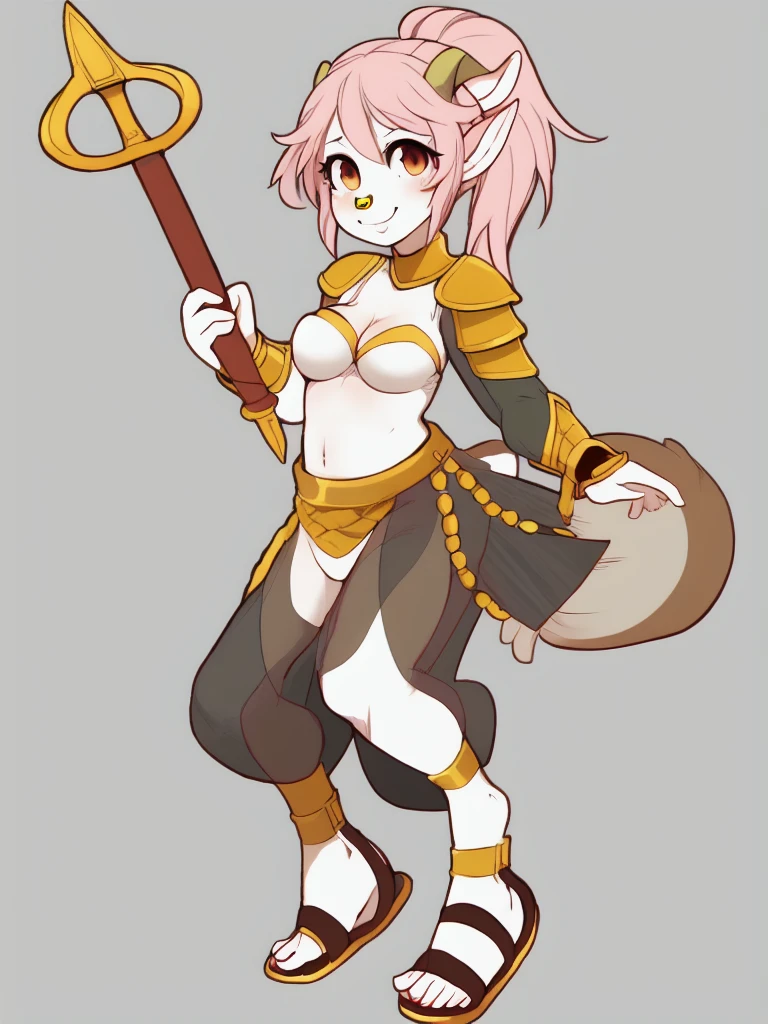 1girl, furry, furry_female, goat_ears, goat_girl, smile, solo, wearing armor, gladiator flat sandals, gladiator skirt, humanoid feet, holding sword, nose ring, septum piercing ring