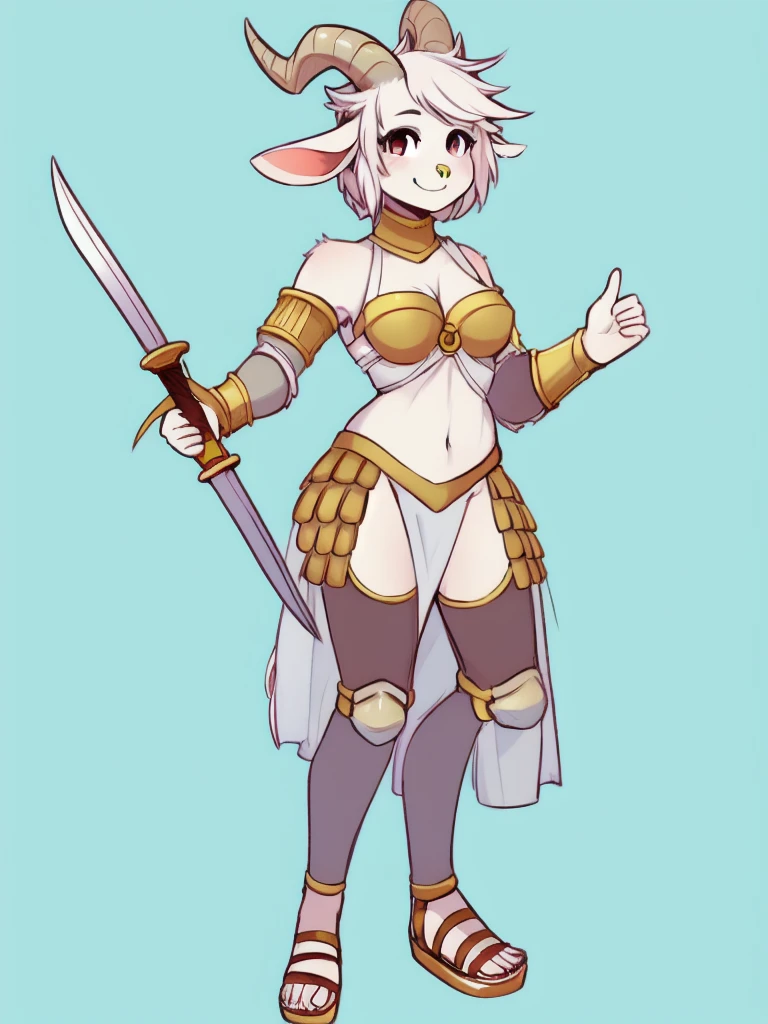 1girl, furry, furry_female, goat_ears, goat_girl, smile, solo, wearing armor, gladiator flat sandals, gladiator skirt, humanoid feet, holding sword, nose ring, septum piercing ring