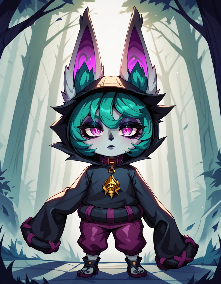 Score_9, score_8_up, score_7_up, source_anime, 1girl, solo, VexLoLXL, yordle, shortstack, pink eyes, green hair, bangs, short hair, grey skin, colored skin, black hood, hood up, ears through headwear, white animal ears, black shirt, purple collar, golden ornament, long sleeves, sleeves past wrists, purple pants, sandals,simple_heart-shaped_pupils,BREAK looking at viewer, full body, BREAK outdoors, BREAK (masterpiece:1.2), best quality, high resolution, unity 8k wallpaper, (illustration:0.8), (beautiful detailed eyes:1.6), extremely detailed face, perfect lighting, extremely detailed CG, (perfect hands, perfect anatomy),