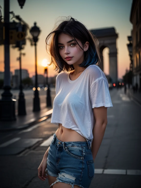 Kate, Short black hair with blue highlights, looking at the viewer, Blue eyes, perfect and sensual body, white t-shirt, denim pants ripped at the left knee, white sneakers with pink details, Streets of France, Arc de Triomphe in the background, evening luae, (( pose for photo )), behind-the-head headphones, beret, short hair, streaked hair, black hair, streaked hair, blue hair, hair behind ear, hair over one eye, shy, upper teeth, red lips , seductive smile, cinematic lighting, silhouette, cowboy shot, Hyperrealism