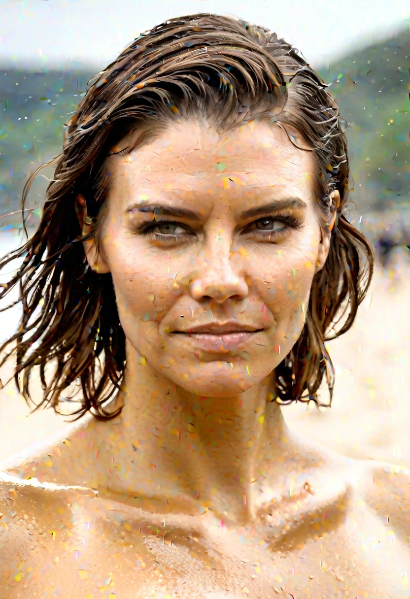 high quality Erotic shot , ( lauren_cohan , oily face, sensual detailed ultra realistic skin texture ) celebrity erotic photograph , nude, extremely long hair ,tall figure , smiling ,seductively , piny skin tone:1.4 erotic photoshoot , fit muscular figure , exhausted look, rainy, warm, sunny, shiny sweaty skin, on beach, wet hair, celebrity, female, woman, hollywood actress, fleshy muscular woman , ( natural lights, depth of field, insanely detailed skin texture, hyper detailed features )