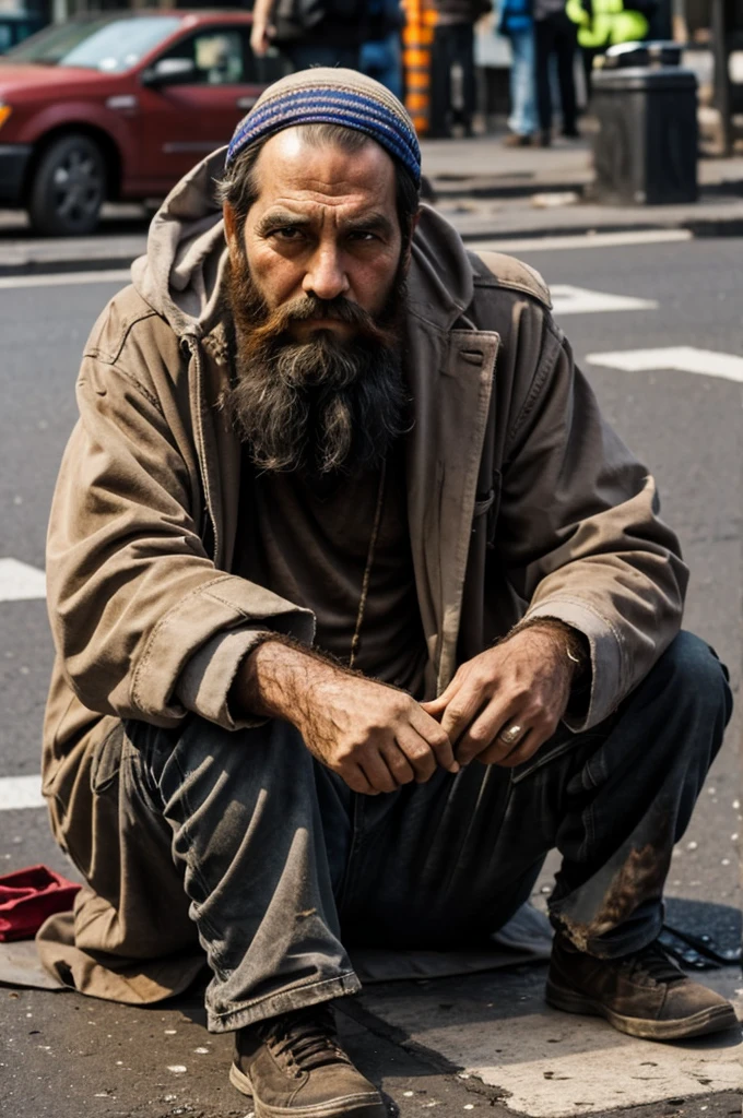 Bearded and dirty street beggar