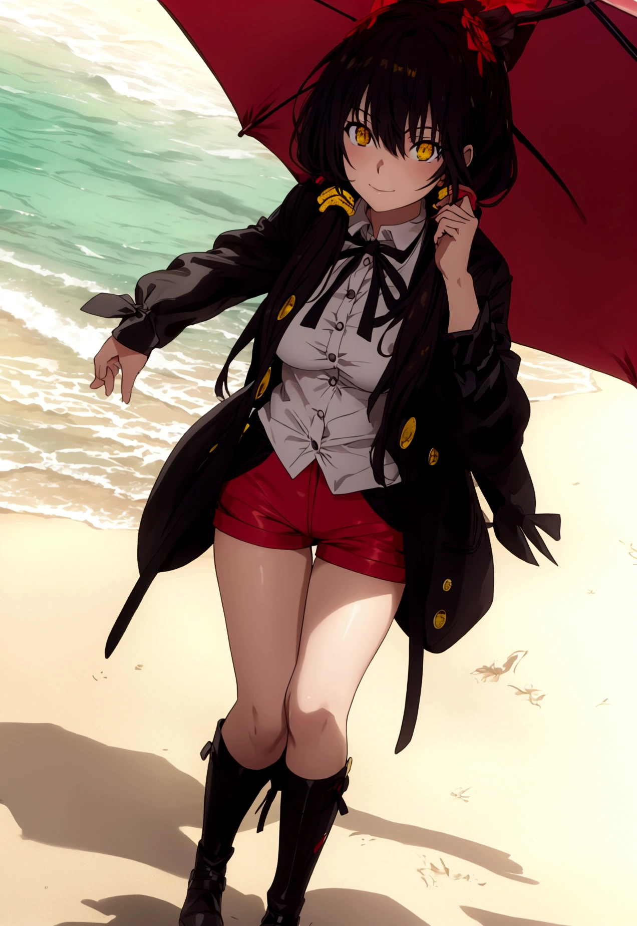 ultra-detailed,highly detailed,best quality,masterpiece,illustration,realistic, photo,photorealistic,
1girl, tokisaki kurumi,cosplay,hair over one eye, (right red eye, left yellow eye), looking at viewer, happy girl,low twintails,
, (hotpants) , hair rings,
Outdoors, walking, (beach)