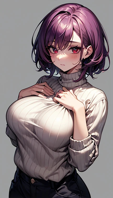 (masterpiece,Highest quality,8K,Ultra-high resolution),appropriate margins,Emphasize the face,Sober background,People are in the image,BREAK,1 person,Very beautiful adult woman,Slim body,Very large breasts,Bust 120,Upturned chest,BREAK,Purple Hair,Thick eyelashes,(Red eyes),Embarrassing,short hair,unkempt,Bedhead,BREAK,White turtleneck sweater,cargo pants