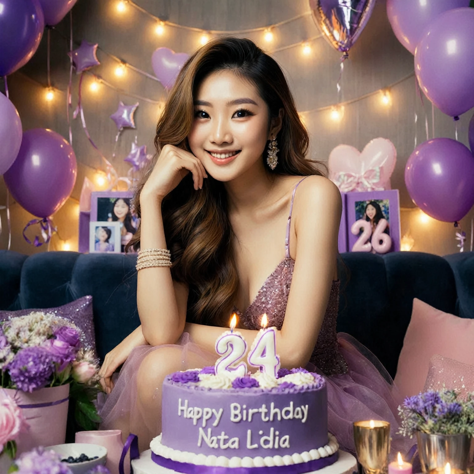 The birthday party of an Asian woman with long hair, she is wearing a glamorous purple birthday attire, sitting with purple balloons and decorations and signs, she is 24 years old, she is holding a purple birthday cake, you can see very clearly the writing on her birthday cake " Happy Birthday Nata Lidia", "24", she is happy, smiling, party balloons, party lights, birthday party decorations around the room, better detail and lighting, high quality photos.