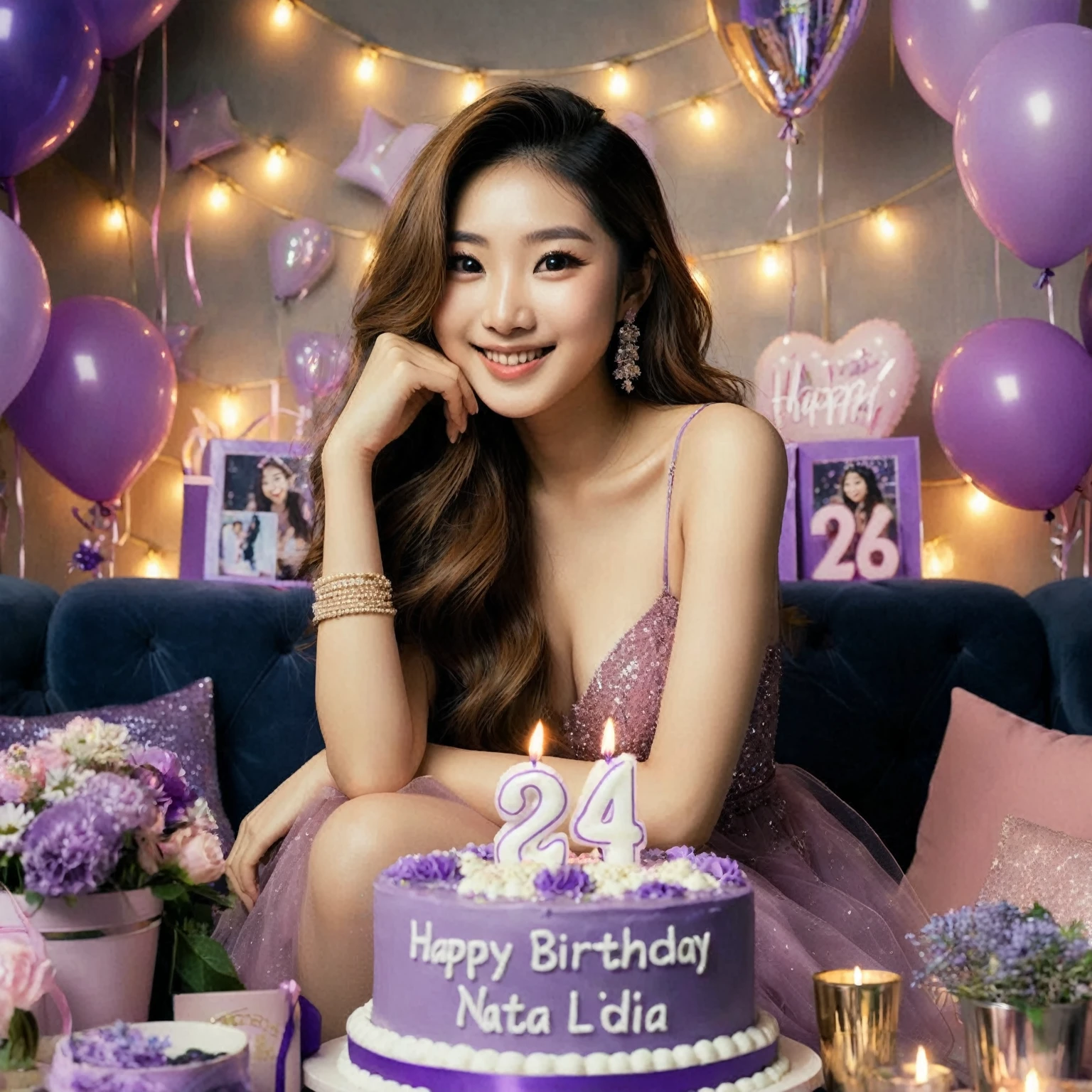 The birthday party of an Asian woman with long hair, she is wearing a glamorous purple birthday attire, sitting with purple balloons and decorations and signs, she is 24 years old, she is holding a purple birthday cake, you can see very clearly the writing on her birthday cake " Happy Birthday Nata Lidia", "24", she is happy, smiling, party balloons, party lights, birthday party decorations around the room, better detail and lighting, high quality photos.