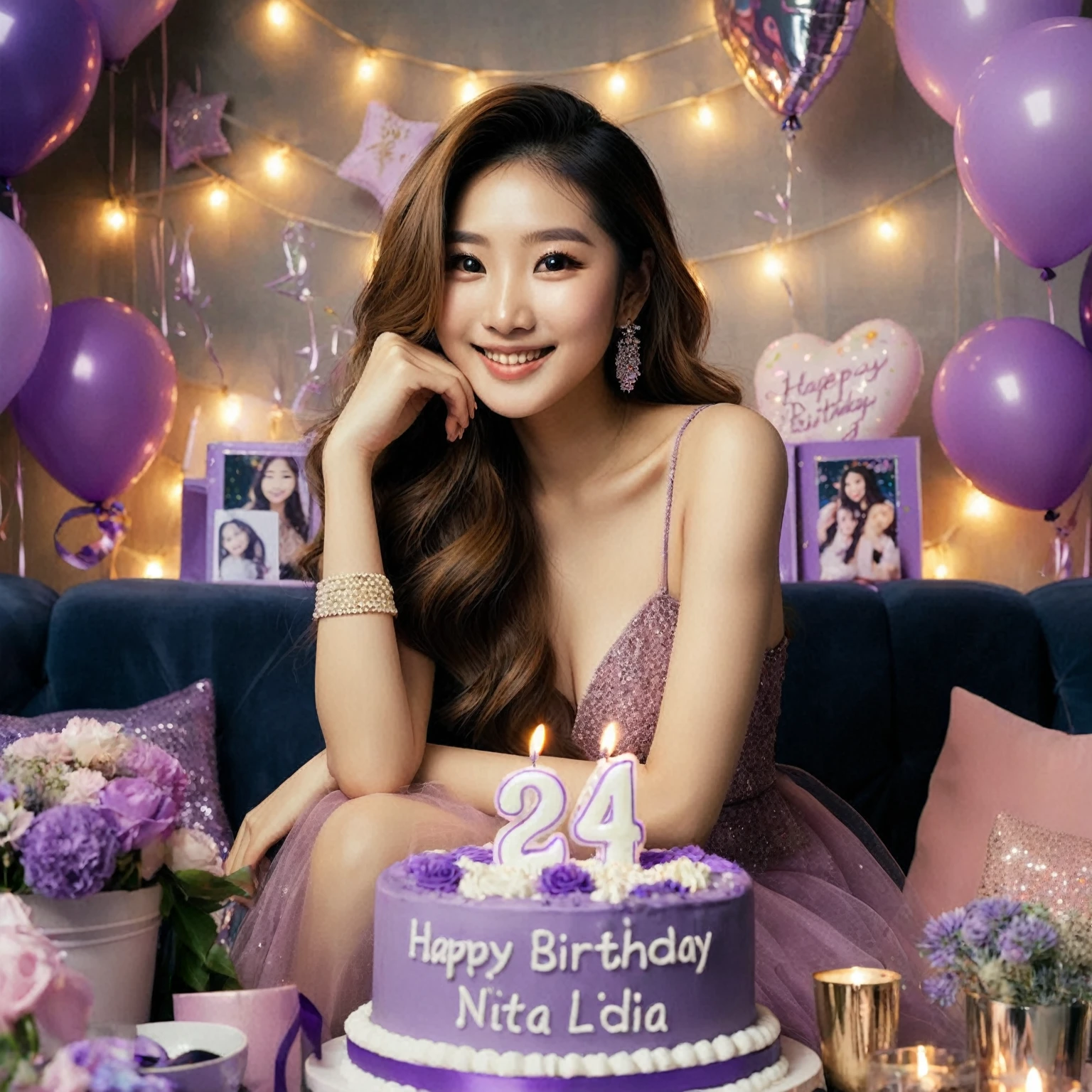 The birthday party of an Asian woman with long hair, she is wearing a glamorous purple birthday attire, sitting with purple balloons and decorations and signs, she is 24 years old, she is holding a purple birthday cake, you can see very clearly the writing on her birthday cake " Happy Birthday Nata Lidia", "24", she is happy, smiling, party balloons, party lights, birthday party decorations around the room, better detail and lighting, high quality photos.