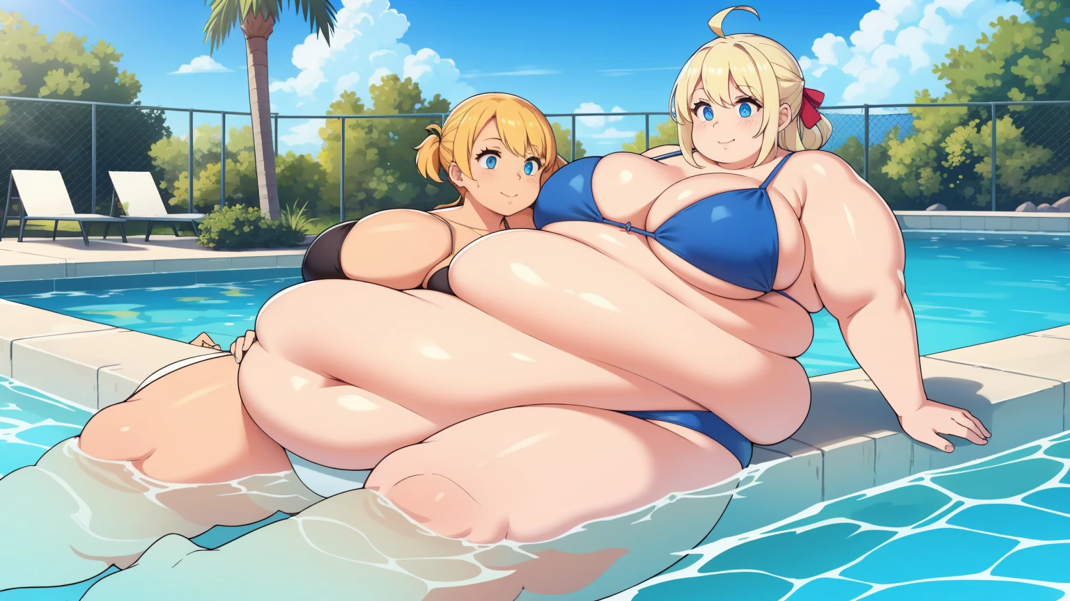 (Obese:1.1),2womens, blonde, blue eyes, Swimwear