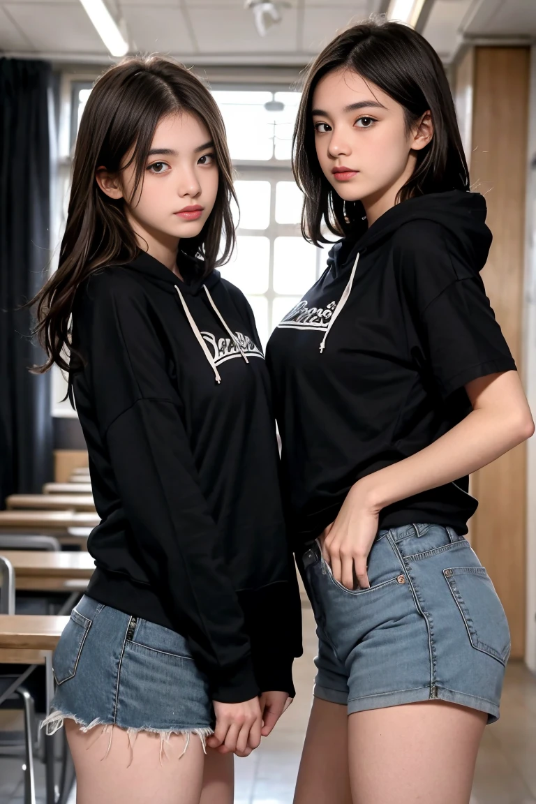 deux femmes ensemble de 18 ans sexy et mince , black short sleeve hoodie , salle de classe, se touche,position sey,sensuel