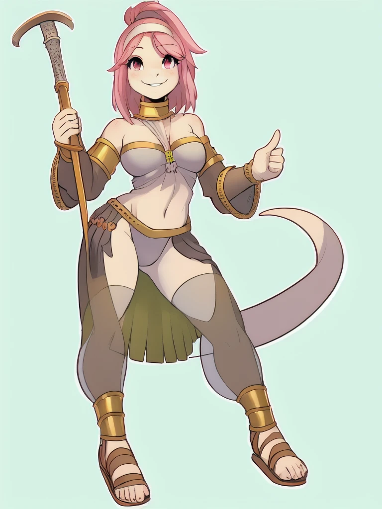 1girl, lizard_girl, smile, solo, wearing roman armor, gladiator flat sandals, gladiator skirt, holding sword