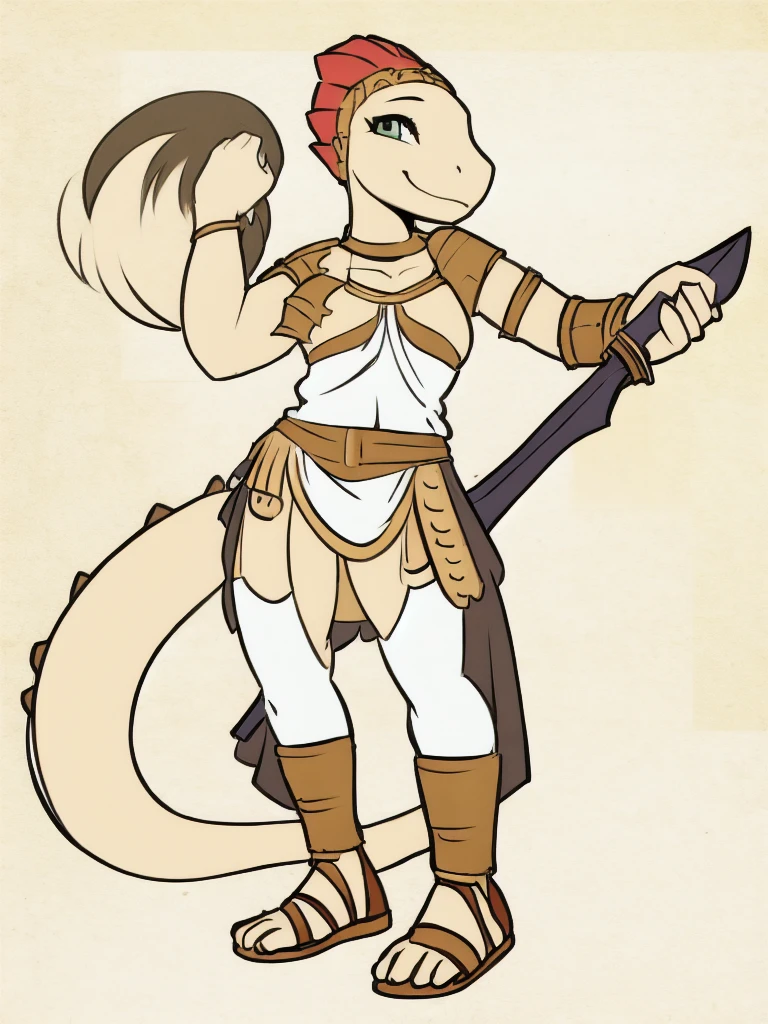 1girl, lizard_girl, smile, solo, wearing roman armor, gladiator flat sandals, gladiator skirt, holding sword