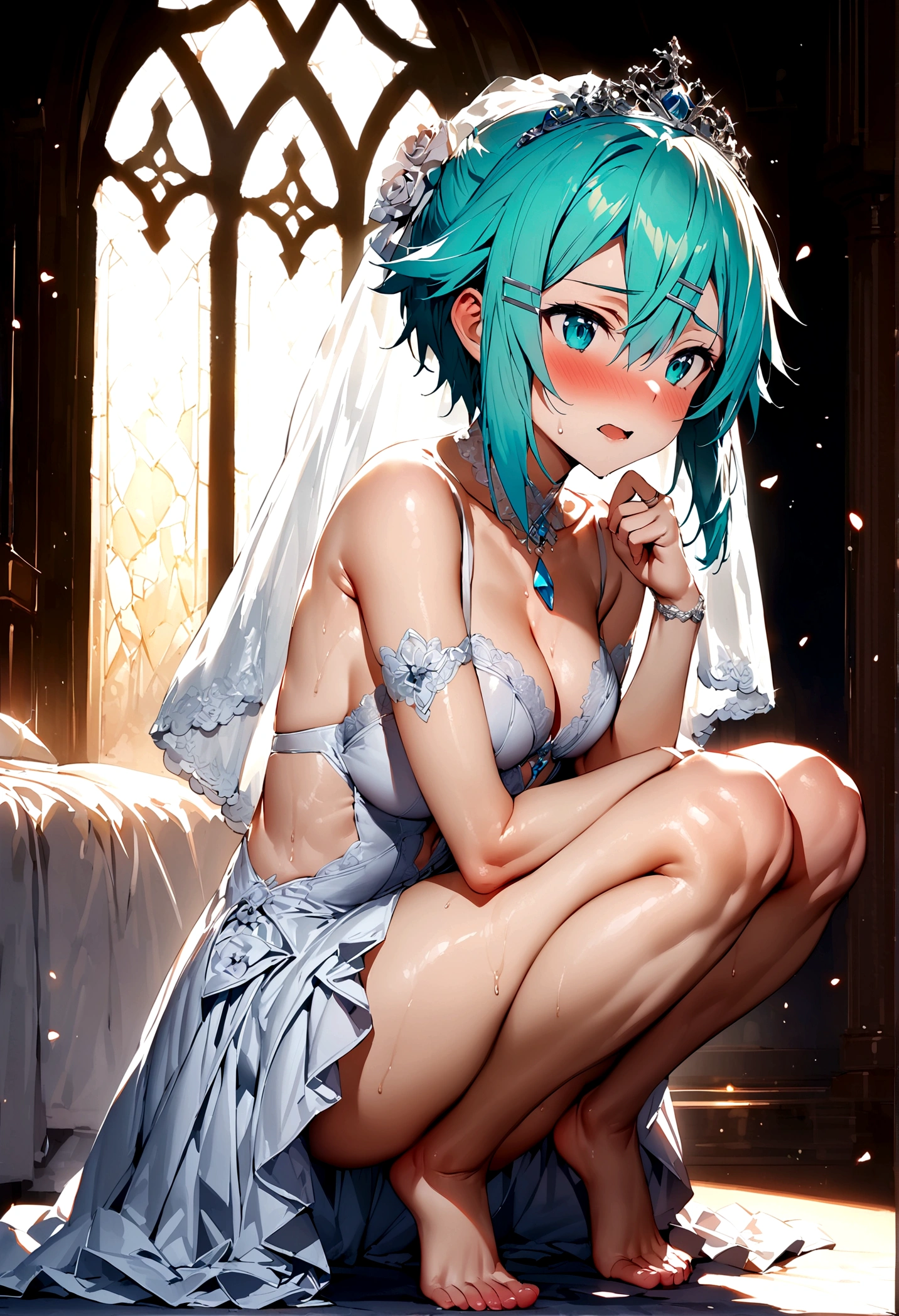 NSFW,masterpiece,Highest quality,High resolution,Super detailed,Sinon\(Sword Art Online\),(High quality sexy wedding dress),High-quality wedding lingerie,Wedding Veil,tiara,gem, hair ornaments, Hair Clip,wedding ring,Embarrassed,expectant face,(sexual excitement),blush,Church at night in the moonlight,Luxurious Room,wedding,Spread your legs,squat