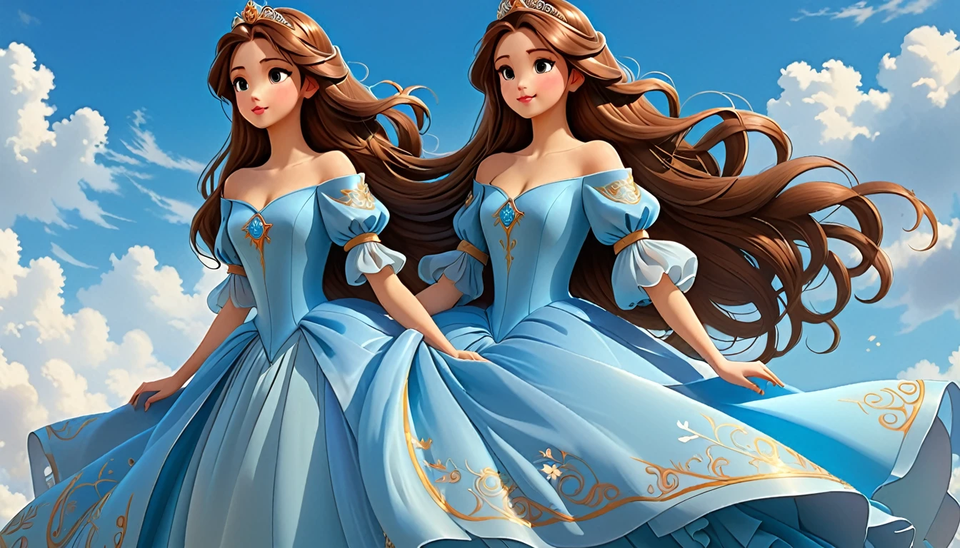 Beautiful Princess, long brown hair, sky blue colour beautiful gown, beautiful sleeves design, oversize, side pose, character design sheet