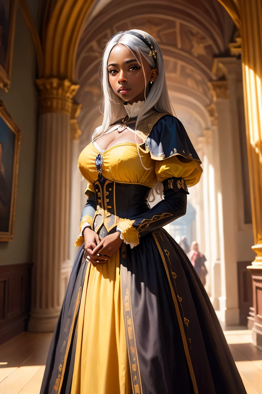 ((best qualityer)), ((work of art)), (detailded), 4K, 1 sorceress in shiny black clothes, silver gray hair, dark skin color, fantasy genre portrait, fantasy character photo, Retrato Mediovale, como um personagem de fantasia Mediovale, Married woman, Lady ,Estilo Mediovale, dressed in yellow medieval clothes, in renaissance style, covered bust, Mediovale, jogo de fantasia Mediovale, european woman,(deep environment) in the background a hall of a royal palace , clear lighting, detailed shadows